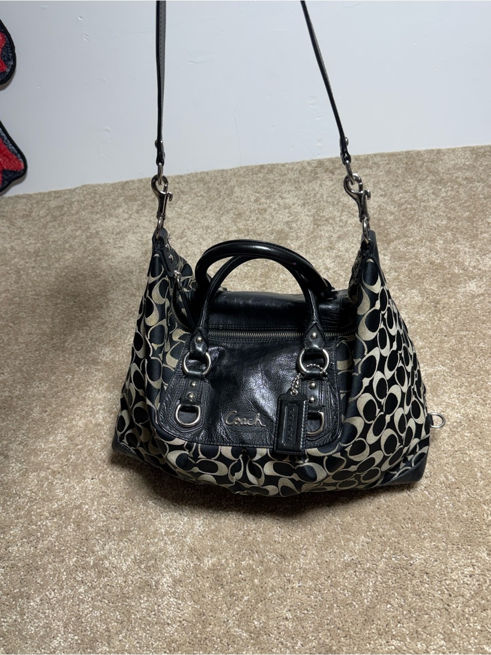 Coach Black and Cream Signature Hobo Shoulder Bag